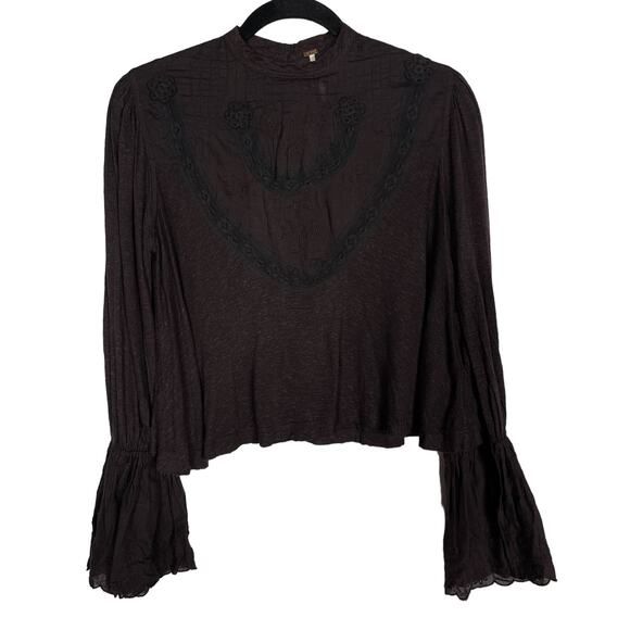 Free People XSmall Dark Gray Femme Fatale Bell Sleeve Top Embroidered Open Back - Picture 1 of 13